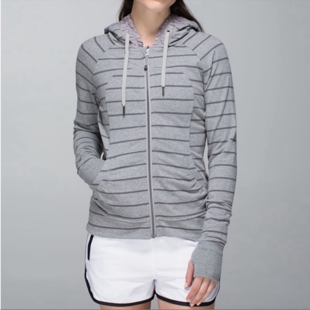 Lululemon Striped Zip-Up Hoodie – Gray & White, Size 4